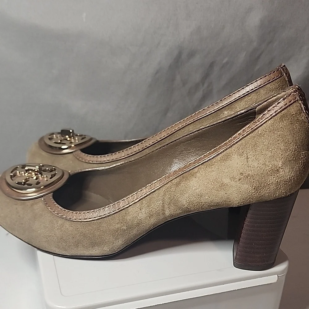 Tory Burch Brown Suede Heels with Logo Detail